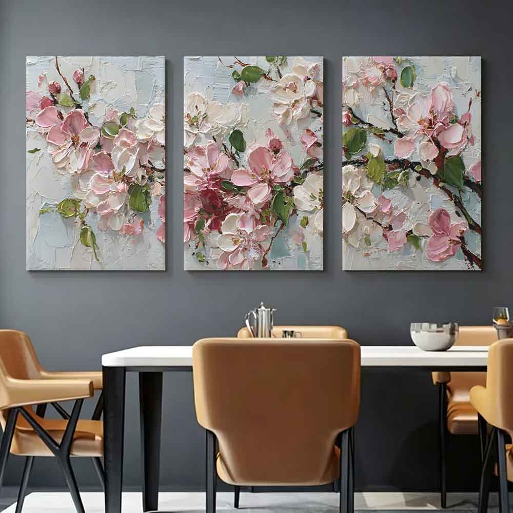 Resin Art On Canvas - [2Dフラット]3枚セット 11.81*15.74インチ/30*40cm フレームアート ホームデコレーション絵画 白い背景に緑の葉を持つピンクの花の枝