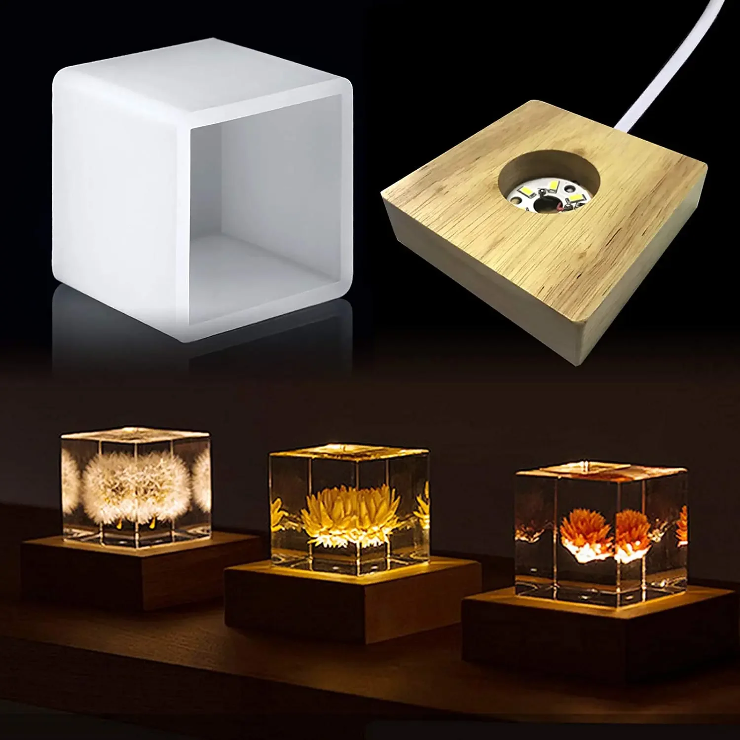 Resin Art Equipment - スクエアライト樹脂モールド、樹脂用LEDシリコンモールド、樹脂アート用木製照明ベーススタンド付き樹脂シリコンモールド