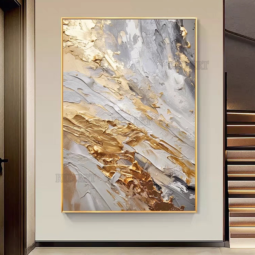 Resin Art On Canvas - 大型現代抽象絵画、金箔キャンバス絵画、キャンバス上の絵画、寝室の家の装飾、額縁なし
