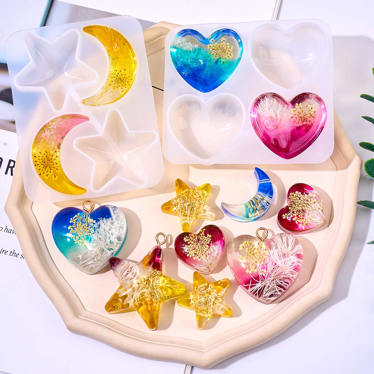 Resin Art Glue - ハートスタームーンペンダントシリコンモールド DIY エポキシ樹脂ジュエリー鋳造金型ネックレスモールドキーホルダー工芸品作成用品
