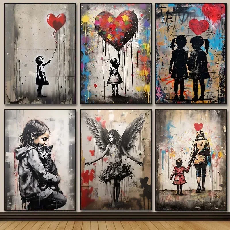 Resin Art On Canvas - バンクシー グラフィティ ボーイ ガール バルーン付き キャンバス