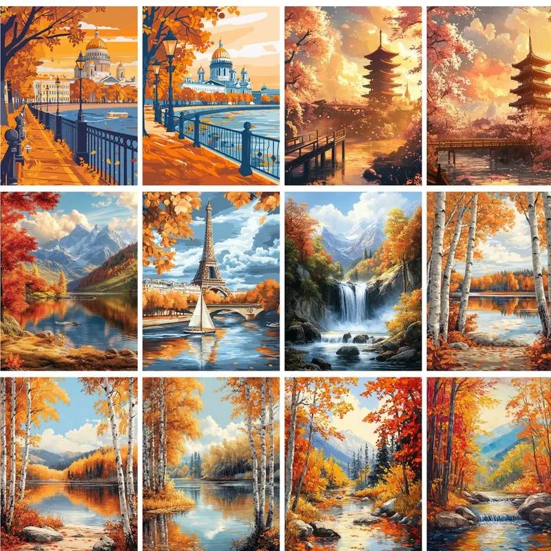 Resin Art On Canvas - 40x50cm キャンバス上の数字塗り絵 数字で描く秋の風景画 大人向けDIYギフト絵画キット