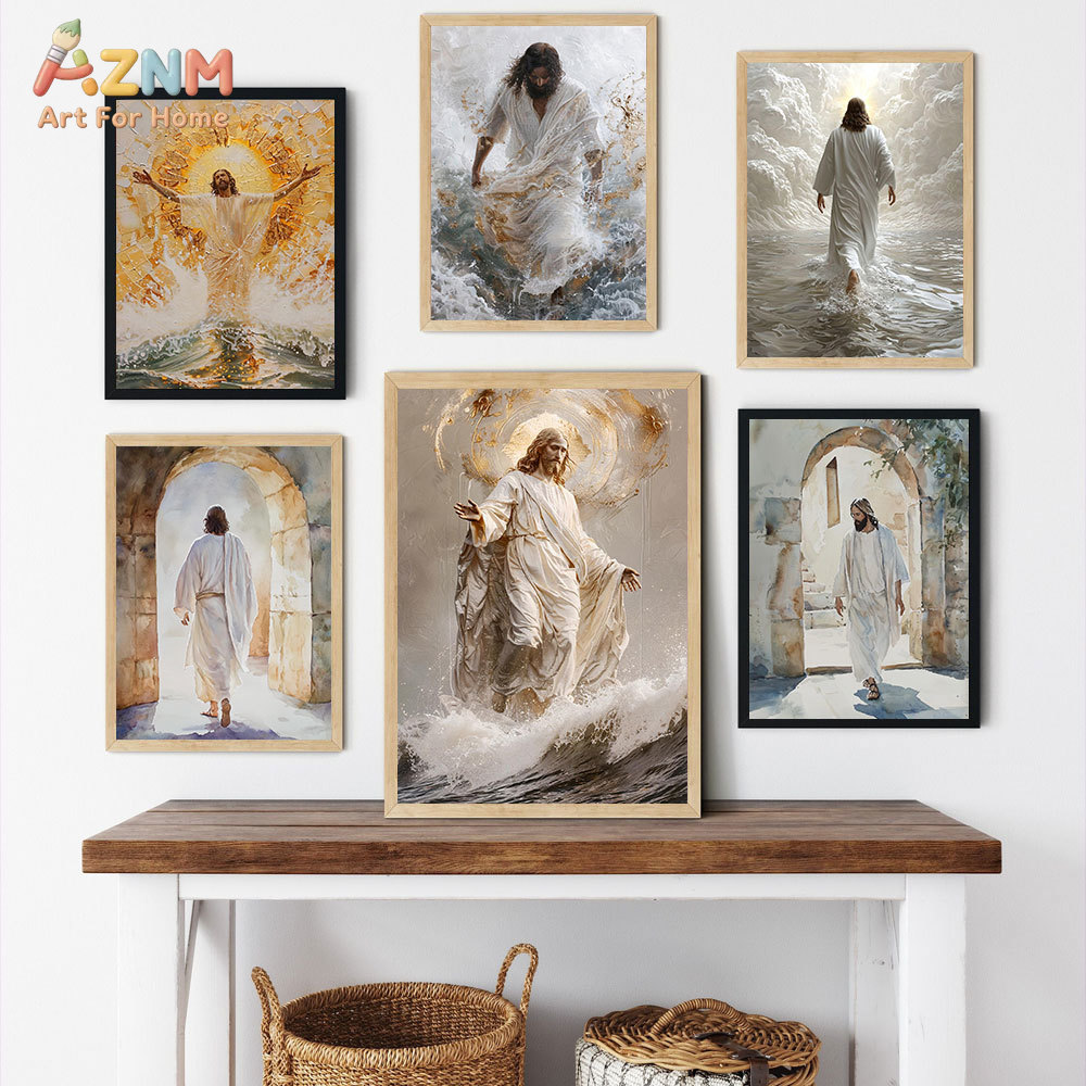 Resin Art On Canvas - AZNM イエス・キリスト キャンバスプリント 水上を歩く宗教油絵風 聖なるキリスト教の人物 額なしキャンバスウォールアート