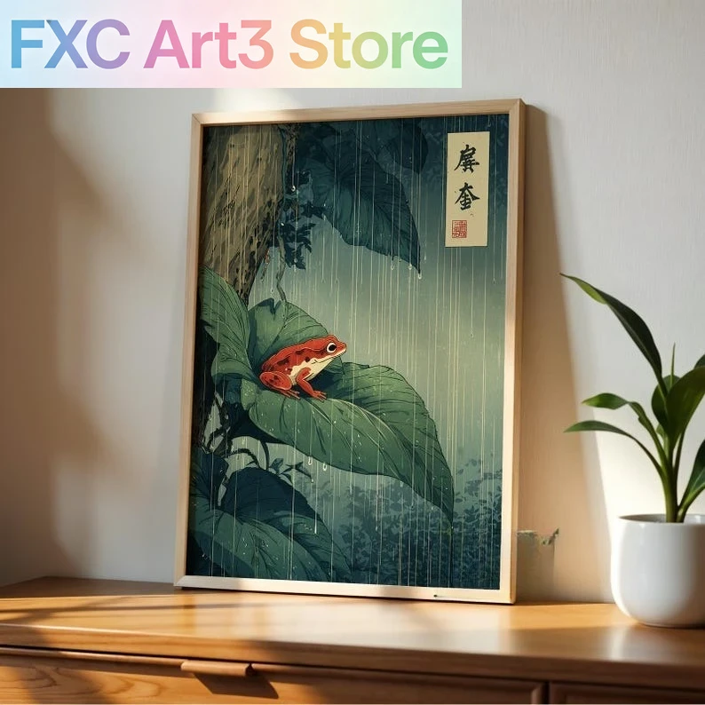 Resin Art On Canvas - フレームレス、1ピースの日本のカエルのキャンバスウォールアート、ヴィンテージの熱帯雨林ウォールアートプリント、リビングルーム用の葉っぱの上に赤いカエルのポスター