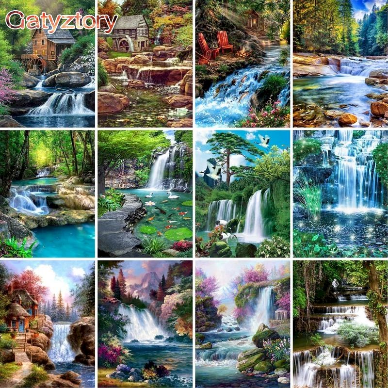 Resin Art On Canvas - PhotoCustom Diy 数字による絵画山の滝風景画アクリルペイントキャンバス上の家の装飾 40x50cm