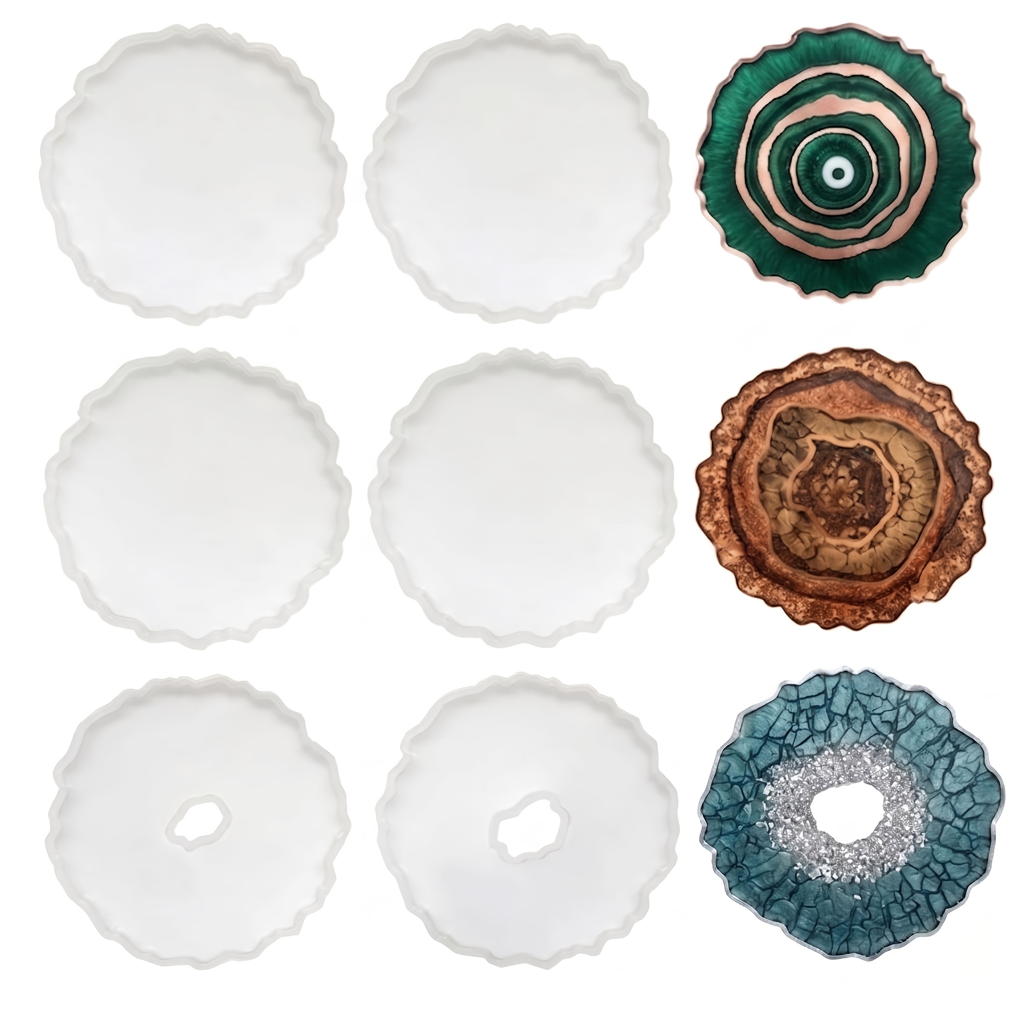 Resin Art Geode - 6個入り不規則な瑪瑙ジオードコースターシリコンモールド、ドゥルージークリスタル中空円形エポキシ樹脂鋳造モールド、カップマット、ホームデコレーション、レジンアートクラフト製作用品