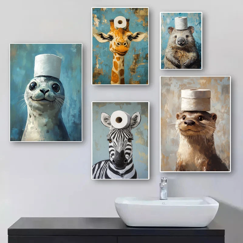 漫画かわいい面白い動物たちが頭にトイレットペーパーをかぶって - Resin Art On Canvas のレビューと価格