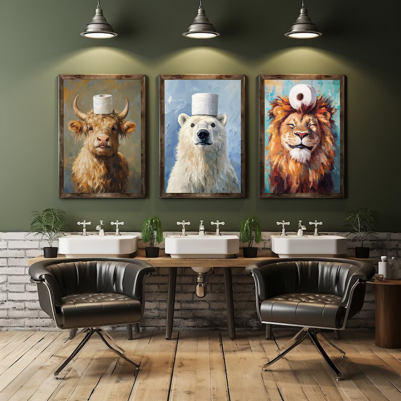 漫画かわいい面白い動物たちが頭にトイレットペーパーをかぶって - Resin Art On Canvas のレビューと価格
