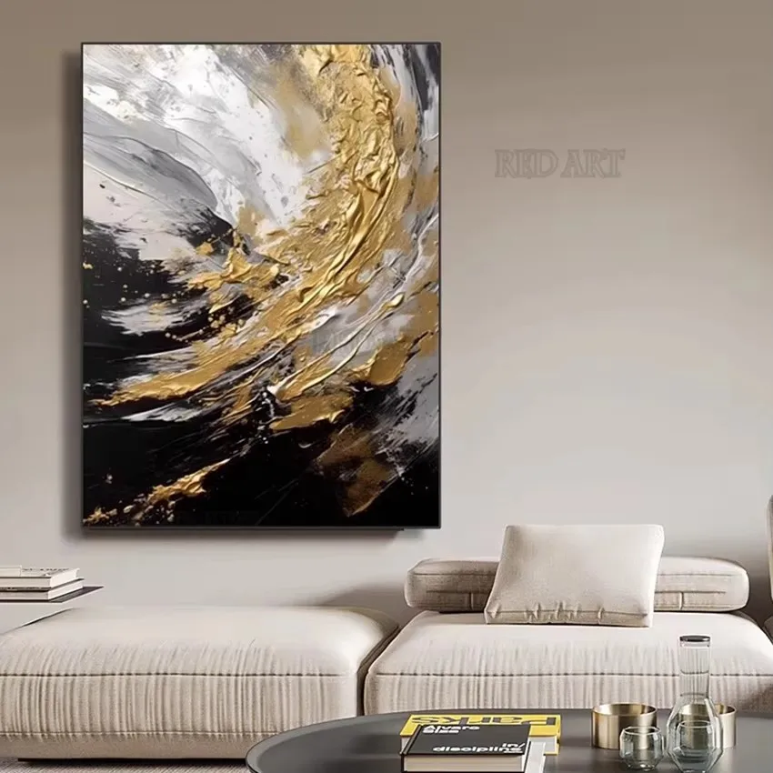 大型現代抽象絵画、金箔キャンバス絵画、キャンバス上の絵画、寝 - Resin Art On Canvas のレビューと価格