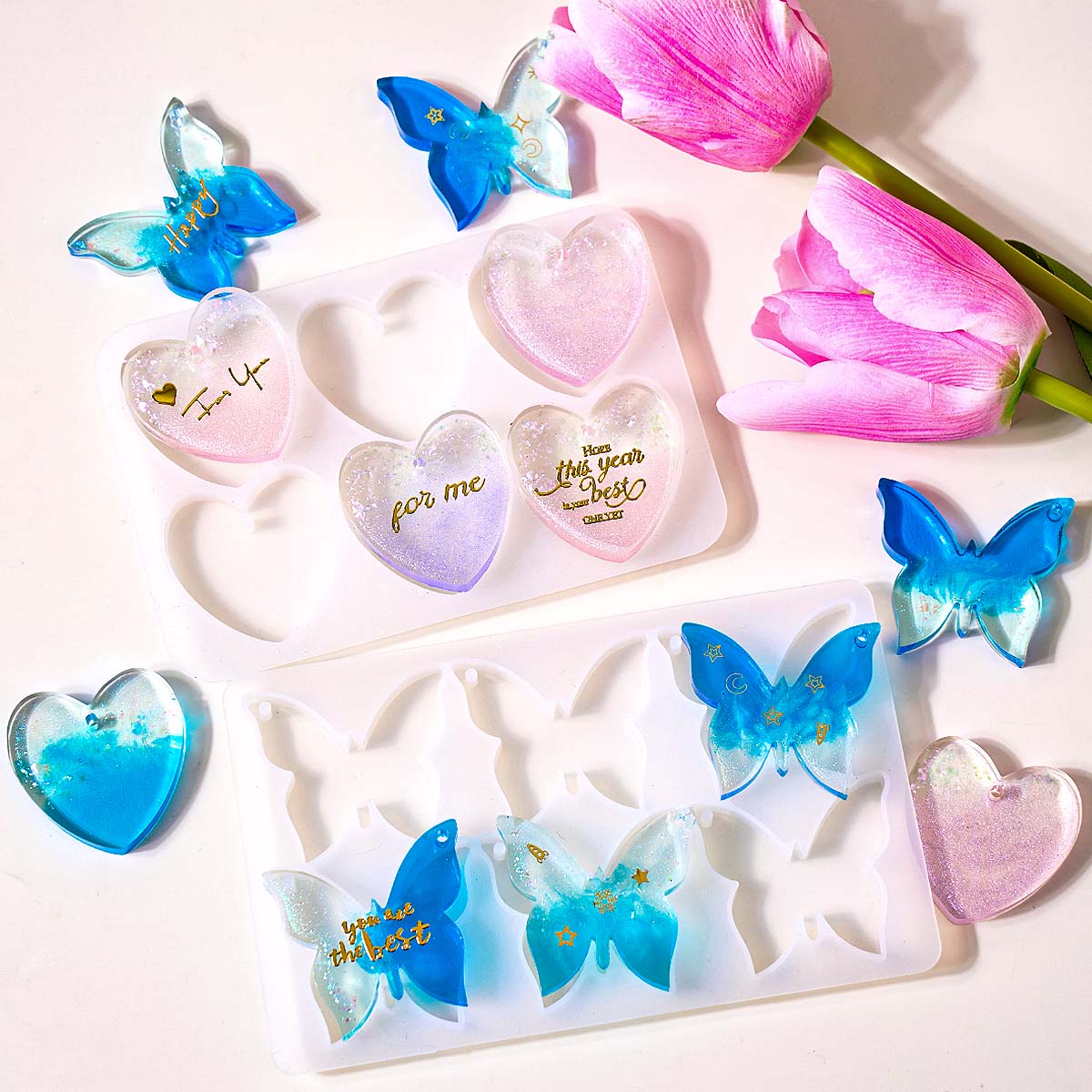 6穴付きイヤリングシリコンモールドDIYハート蝶形エポキシ樹 - Resin Art Glue のレビューと価格
