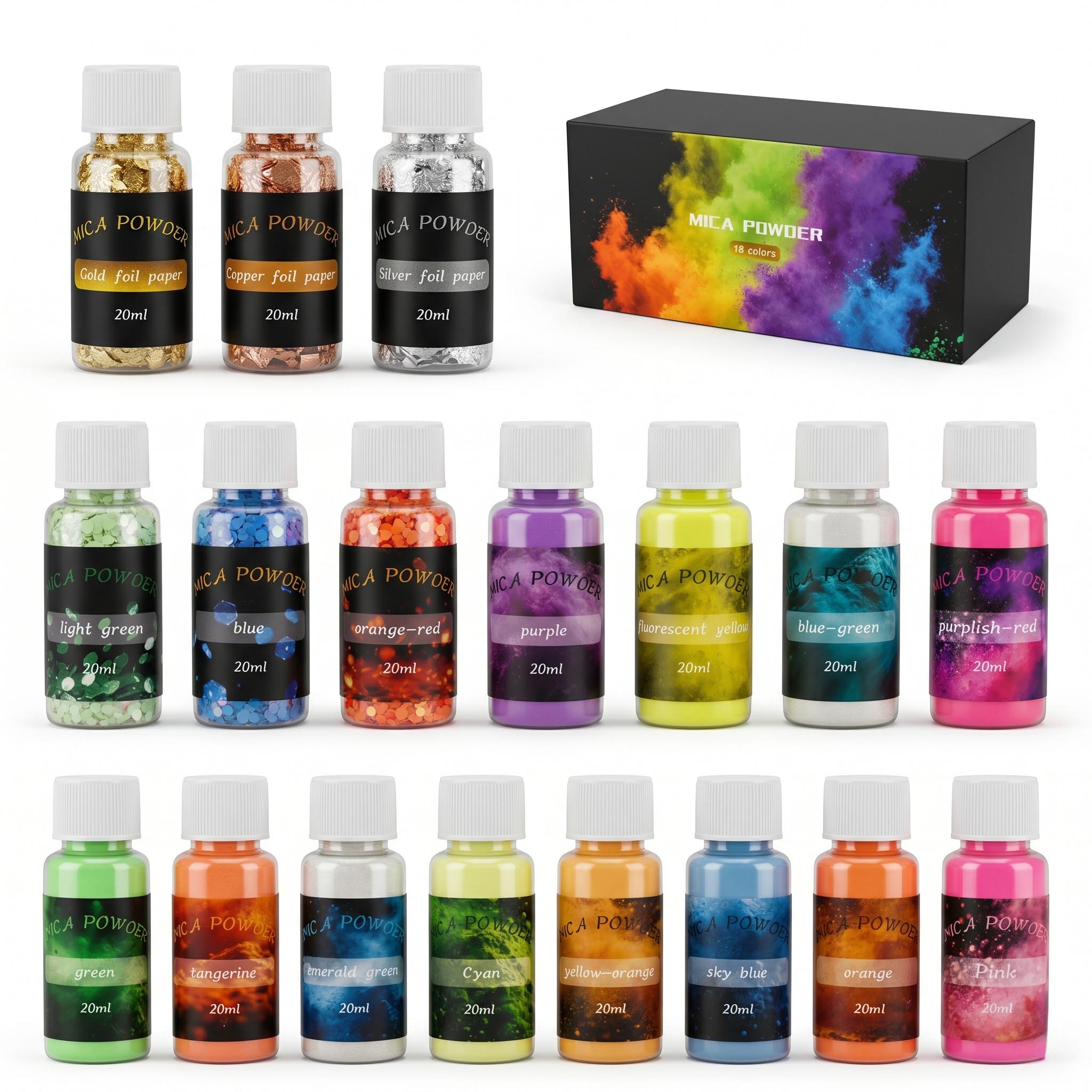 18色マイカパウダーセット、金銀銅箔入り、エポキシ樹脂DIY - Mica Flake Resin のレビューと価格